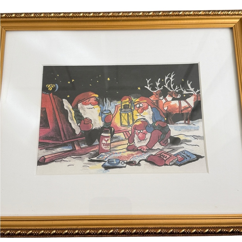 Santa Clause & His Elves Wall Decor Re-Drawn Painted Gold Frames Set of 3 - Picture 3 of 16